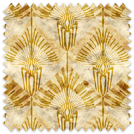 The artwork features a repeating geometric pattern with stylized, abstract plant or feather-like forms arranged in diamond shapes. The design uses warm hues of gold and beige, giving it an earthy, vintage look. Each section within the diamond shapes includes symmetrical lines radiating outward, resembling sunbursts or fans, combined with curved, angular elements creating a sense of rhythm and movement. The overall composition conveys a harmonious blend of natural motifs and geometric precision.